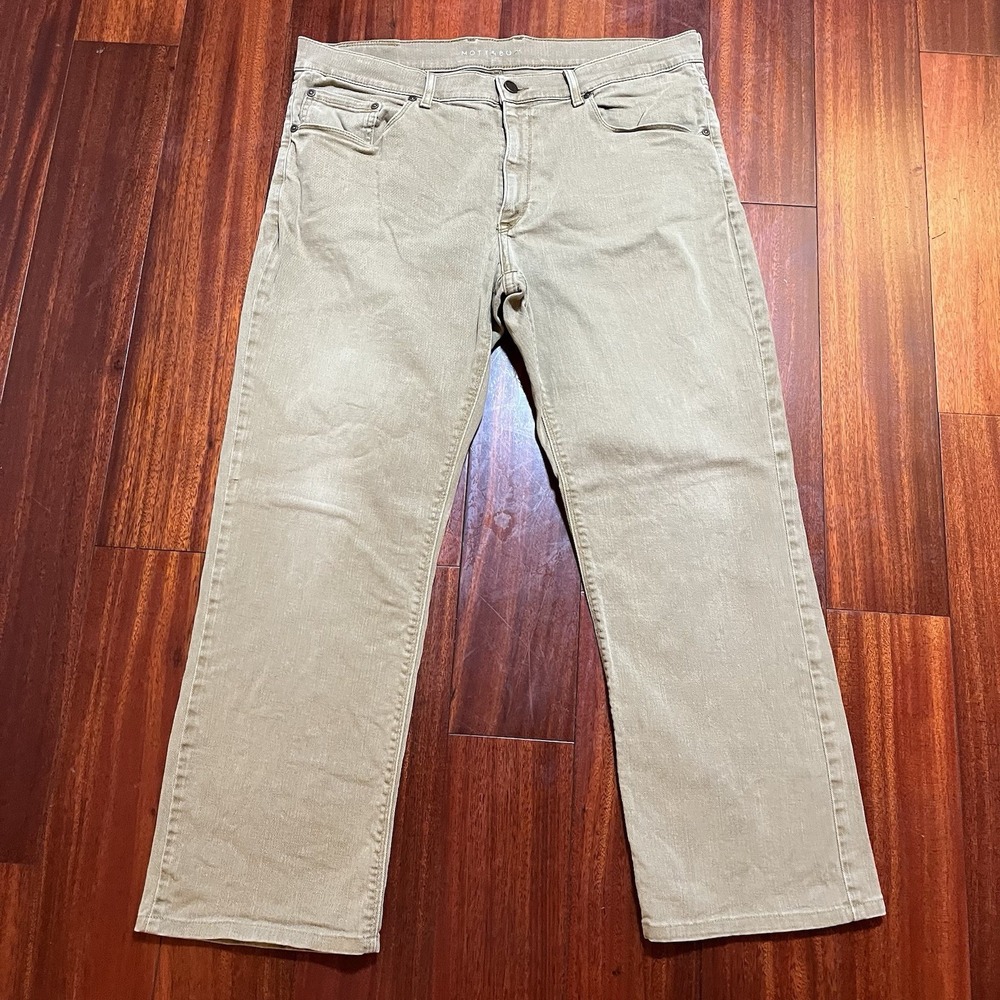 Mott & Bow Jeans Mens 36x30 Fits 36x28 Tan Beige Stretch Straight Leg Casual
